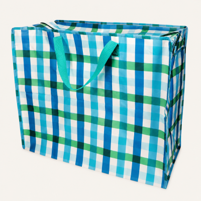 Saco de compras grande azul, verde e branco às riscas com alças azul-turquesa