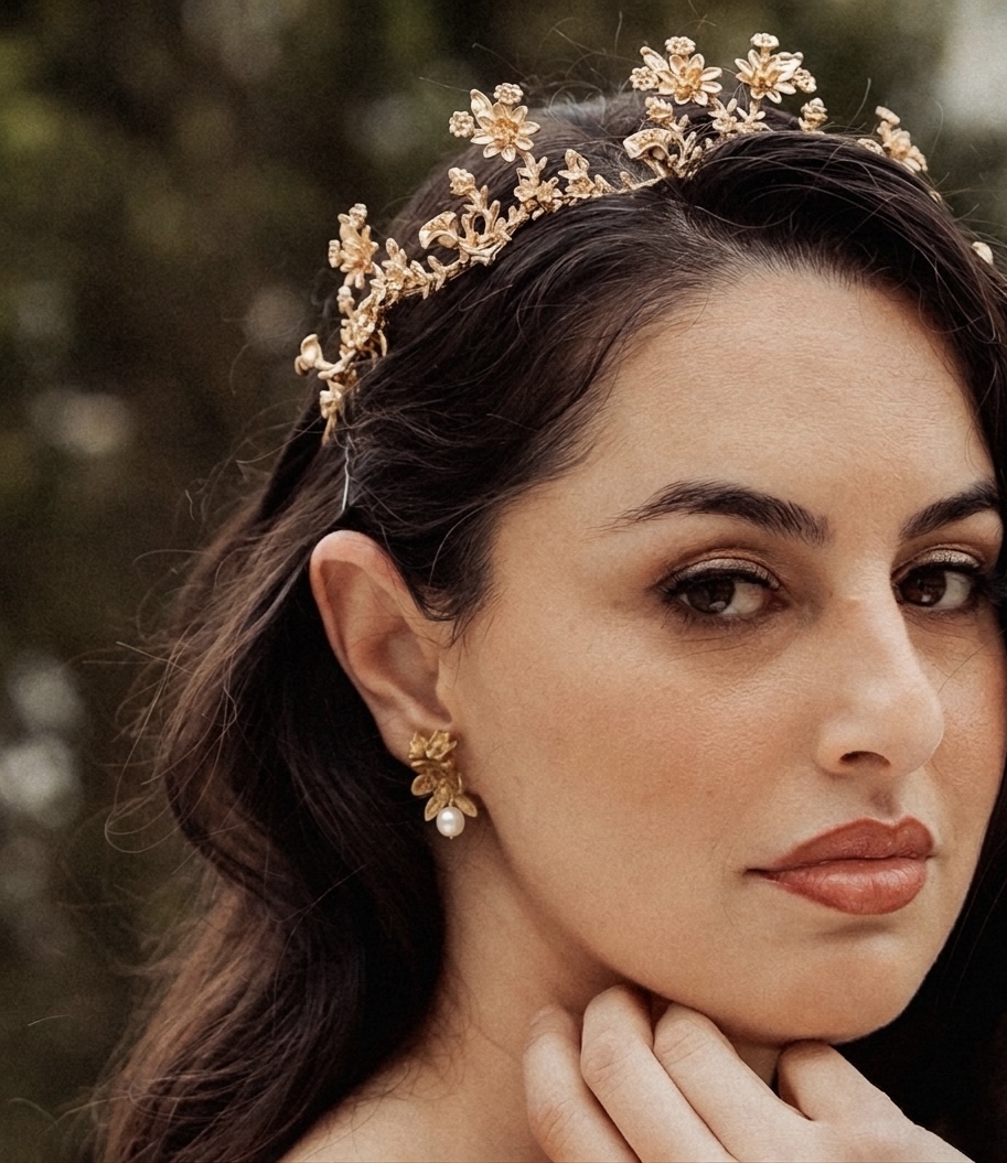 Olya III Mulher com tiara dourada floral e brincos dourados com pérola.