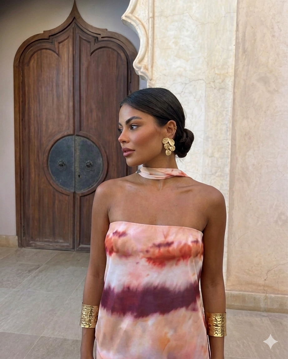 FOGLIA II Mulher com vestido multicolor, brincos dourados em forma de folhas e braceletes dourados largos, em frente a porta de madeira e parede de mármore.