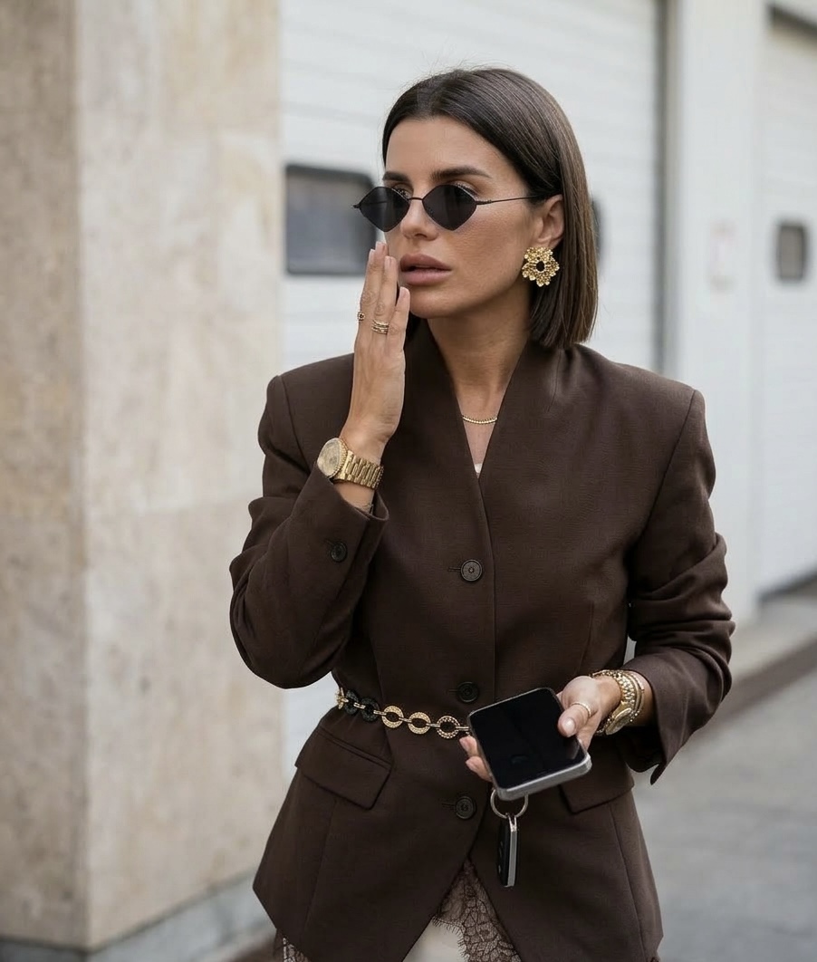 Floritta Mulher a usar blazer castanho com acessórios dourados e óculos de sol pretos