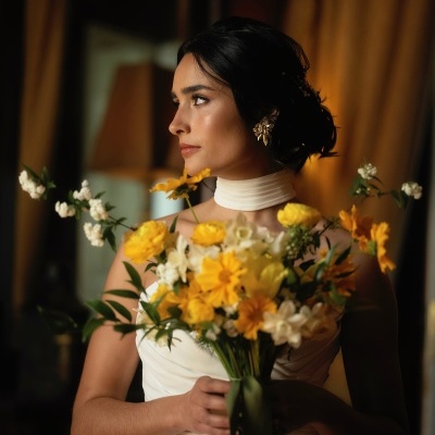 Mulher de vestido branco com ramo de flores coloridas