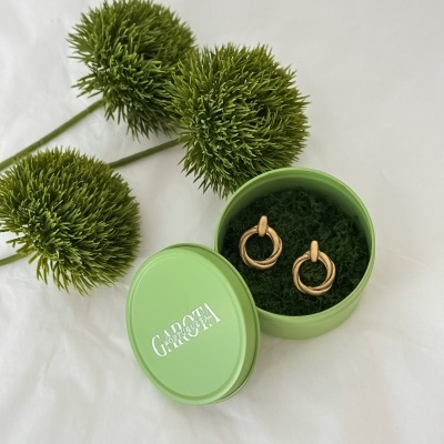 Brincos dourados em caixa verde com raminhos decorativos verdes ao lado.