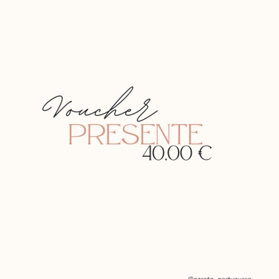 Voucher presente 40,00 € com textos de site e Instagram no fundo creme