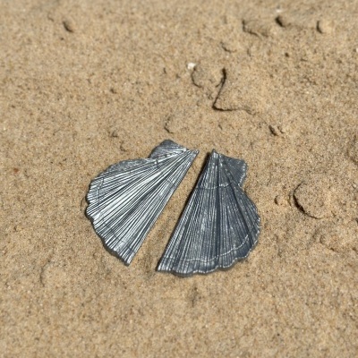 Brincos em forma de concha cinza sobre areia clara