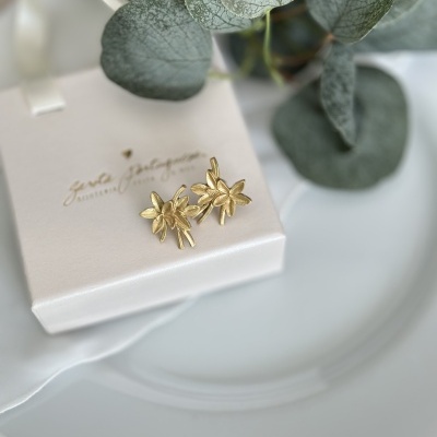 Brincos dourados em forma de flores sobre caixa branca com texto dourado e folhas verdes secas