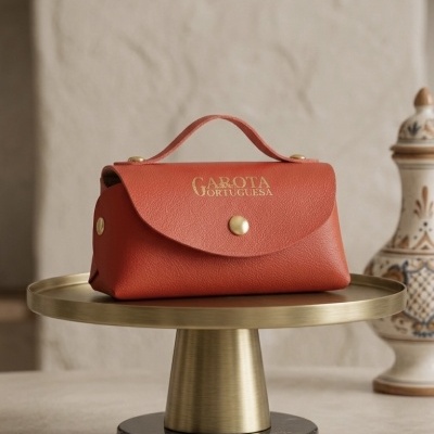 Bolsa ferrugem em pele sintética com alça e fecho dourado, sobre base metálica, com parede texturada e objeto cerâmico no fundo