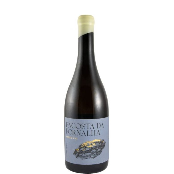 Encosta da Fornalha Antão Vaz branco 2024 Garrafa de vinho com rótulo azul claro e imagem de rocha