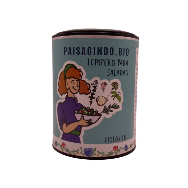 Tempero para Saladas | Bio Frasco cylindrical com rótulo de tempero biológico para saladas com ilustração de mulher e elementos florais