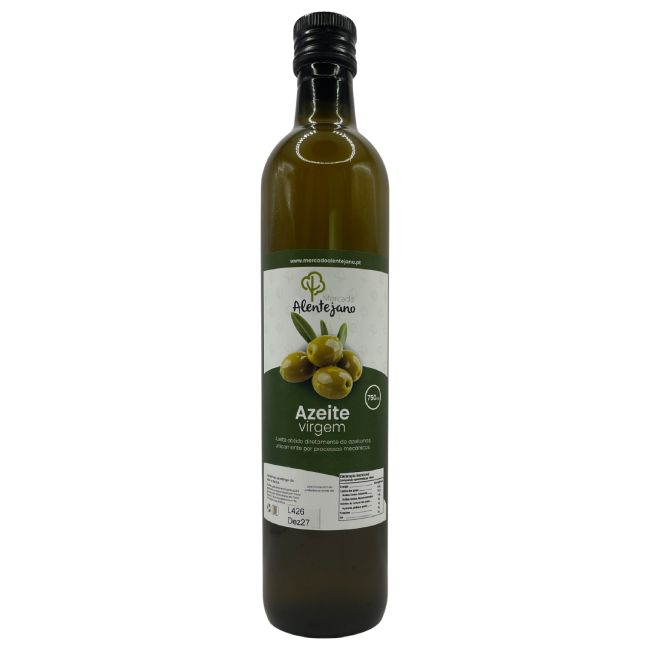 Azeite Virgem Mercado Alentejano - 750ml Garrafa de azeite virgem verde com rótulo e tampa preta