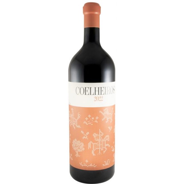 Coelheiros biológico tinto 3L 2022 Garrafa de vinho Coelheiros 2022 com rótulo branco e salmão e padrão de figuras