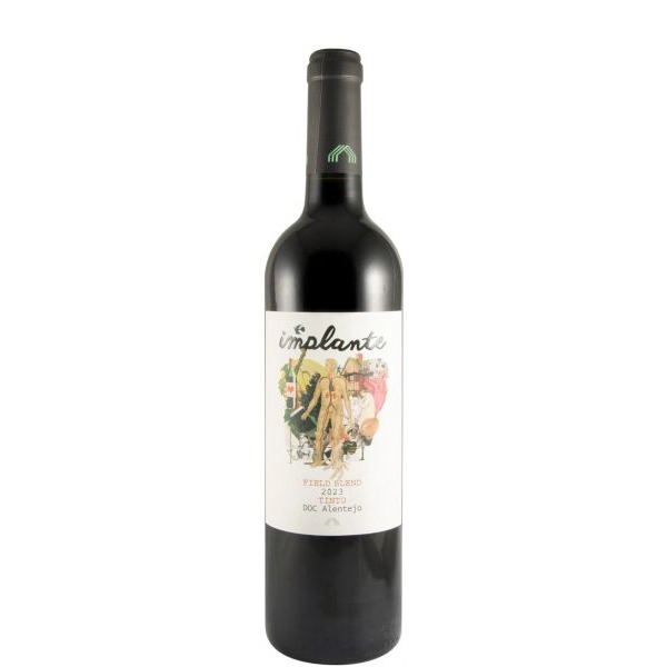 Implante Field Blend tinto 2023 Garrafa de vinho tinto Implanté Pied Blend 2022 com rótulo branco e ilustração colorida