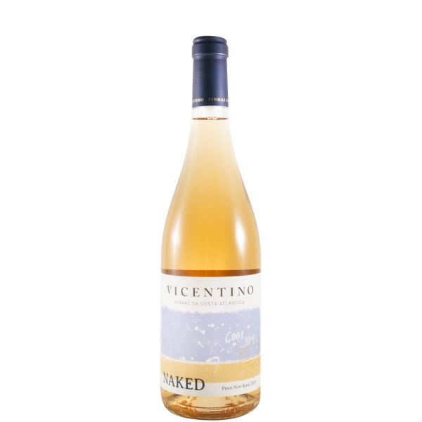 Vicentino Naked Pinot Noir rosé 2025 Garrafa de vinho rosé Vicentino Naked com rótulo branco, azul e amarelo