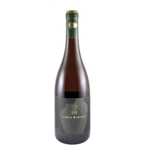 Talha de Frades Castas Antigas branco 2019 Garrafa de vinho castanho com rótulo escuro e tampa verde