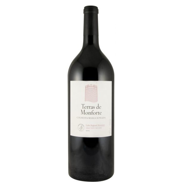 Terras de Monforte Colheita Selecionada tinto 1,5L 2015 Garrafa de vinho Terras de Monforte com rótulo branco e ilustração vermelha