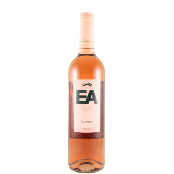 Fundação Eugénio de Almeida EA rosé 2023 Garrafa de vinho rosé com rótulo rosa claro e texto EA, ROSE-ROSE 2021, Cartier