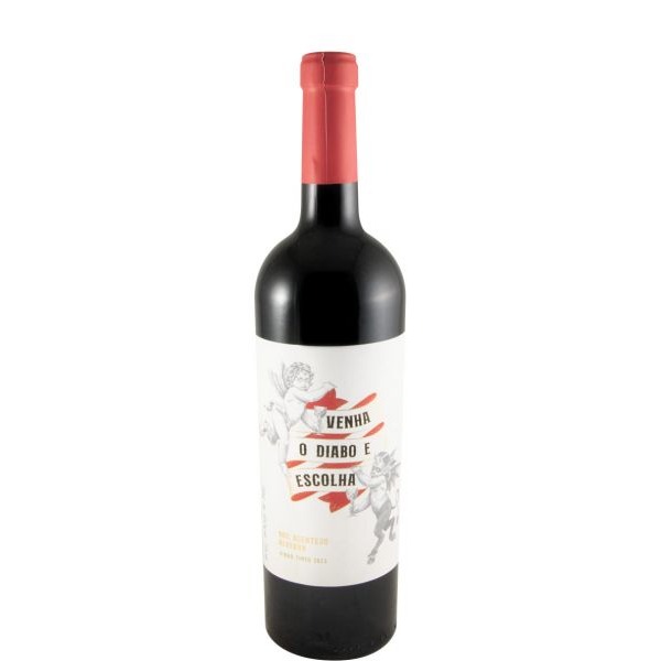 Venha o Diabo e Escolha Reserva tinto 2023 Garrafa de vinho tinto com rótulo branco com texto em português