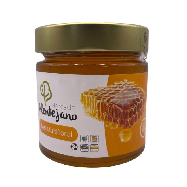 Mel Multifloral Mercado Alentejano - 300g Frasco de mel multifloral Mercado Alentejano com tampa dourada