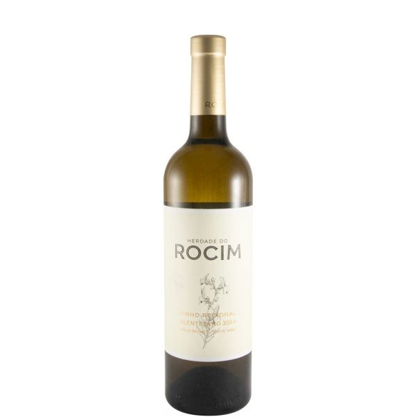 Herdade do Rocim branco 2024 Garrafa de vinho branco Herdade do Rocim com rótulo branco e tampa dourada