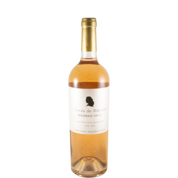 Frederick Von S. Conde de Mértola biológico rosé 2022 Garrafa de vinho rosé com rótulo branco e tampa dourada