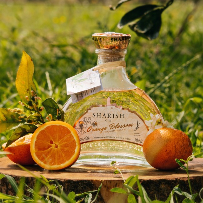 Sharish Gin Orange Blossom Garrafa de gin Sharish Orange Blossom com laranjas sobre tronco de madeira ao ar livre