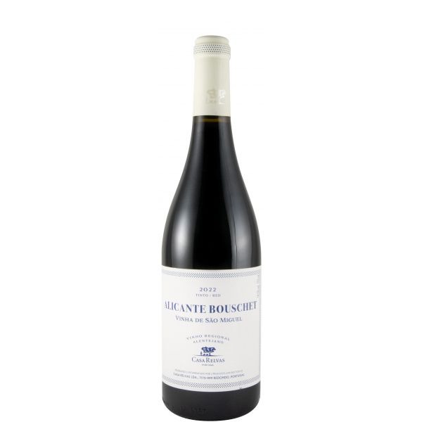 Casa Relvas Alicante Bouschet tinto 2022 Garrafa de vinho tinto Alicante Bouschet com rótulo branco e texto azul