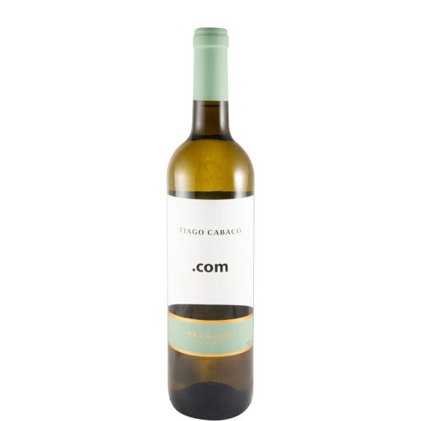 Tiago Cabaço .Com Premium branco 2024 Garrafa de vinho branco com etiquetas e rolha verde clara