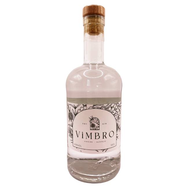 Vimbro Gin Garrafas de gin ViMBRO com rótulo branco e tampa de cortiça