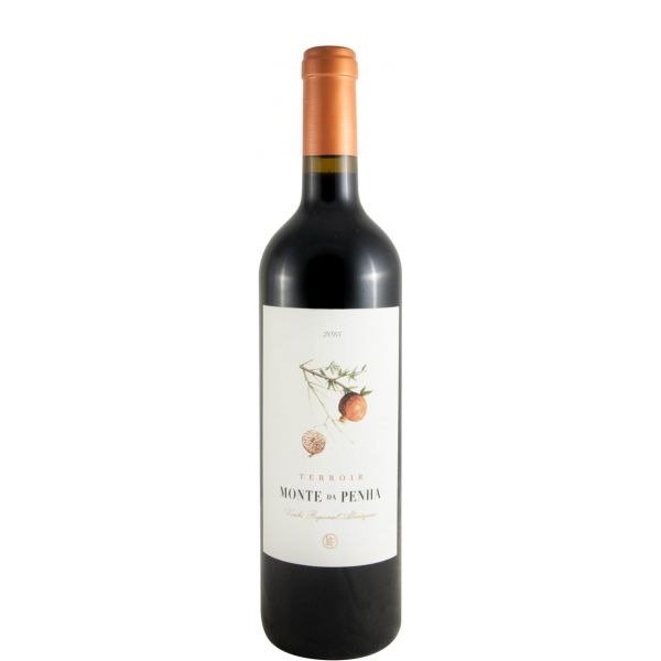 Monte da Penha Terroir Reserva tinto 2015 Garrafa de vinho tinto Monte da Pênia com rótulo branco e ilustração de ramos e frutas
