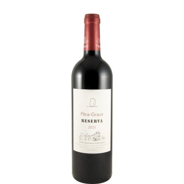 Pêra-Grave Reserva tinto 2021 Garrafa de vinho tinto Pêra-Grave Reserva 2021 com rótulo branco e cápsula vermelha