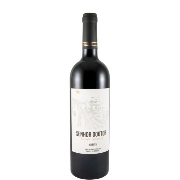 Senhor Doutor Touriga Nacional Reserva tinto 2023 Garrafa de vinho tinto Senhor Doutor Reserva 2023 com rótulo branco e desenho de homem de chapéu