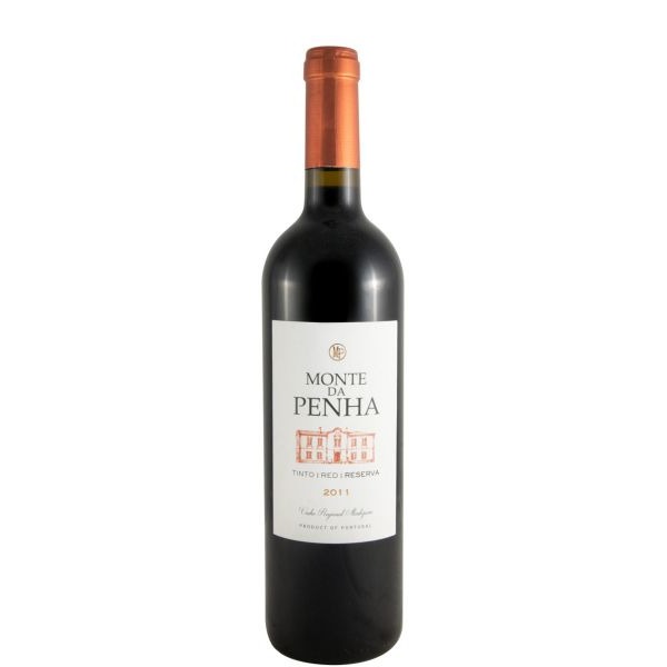 Monte da Penha Reserva tinto 2011 Garrafa de vinho tinto Monte da Penha 2011 com rótulo branco e tampa laranja