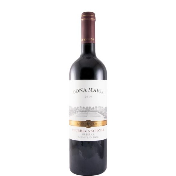 Júlio Bastos Dona Maria Touriga Nacional Reserva tinto 2019 Garrafas de vinho tinto Dona Maria 2019 com rótulo branco e detalhamento dourado
