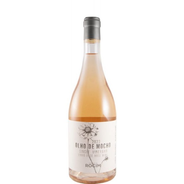 Herdade do Rocim Olho de Mocho Reserva rosé 2022 Garrafa de vinho rosé com rótulo branco e flor desenhada