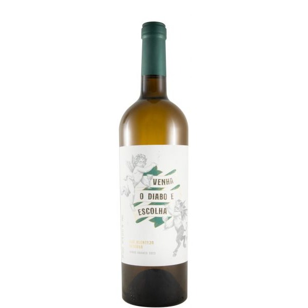 Venha o Diabo e Escolha Reserva branco 2023 Garrafa de vinho branco com rótulo branco e tampa verde