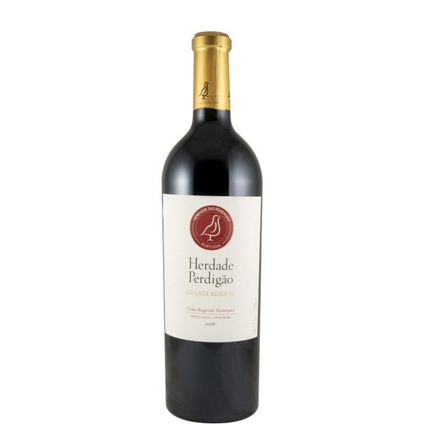 Herdade do Perdigão Grande Reserva tinto 2018 Garrafa de vinho tinto Herdade Perdigão com rótulo branco e cápsula dourada