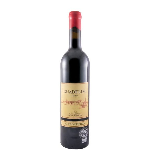 Guadelim Alfrocheiro tinto 2014 Garrafas de vinho tinto Guadelim 2014 com rótulo creme e tampa vermelha
