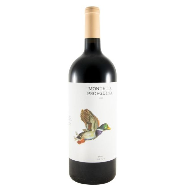 Monte da Peceguina tinto 1,5L 2023 Garrafa de vinho com rótulo branco com desenho de pato e texto MONTE DA PECEGUINA 2017