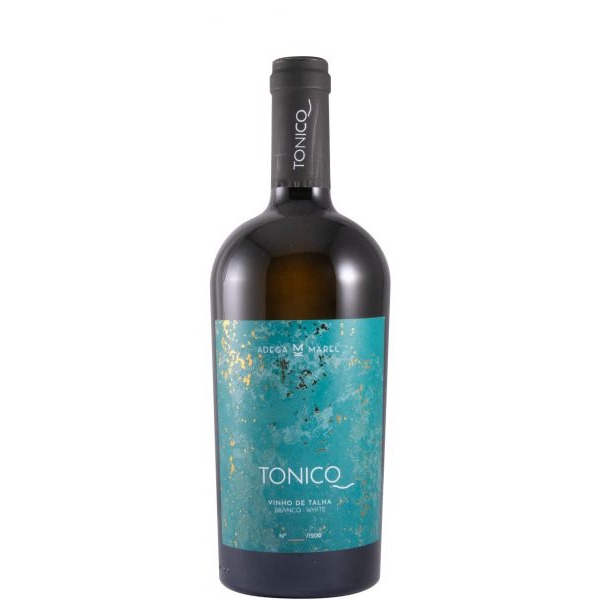 Tonico Vinho de Talha branco 2021 Garrafa de vinho branco com rótulo azul turquesa e texto branco e dourado