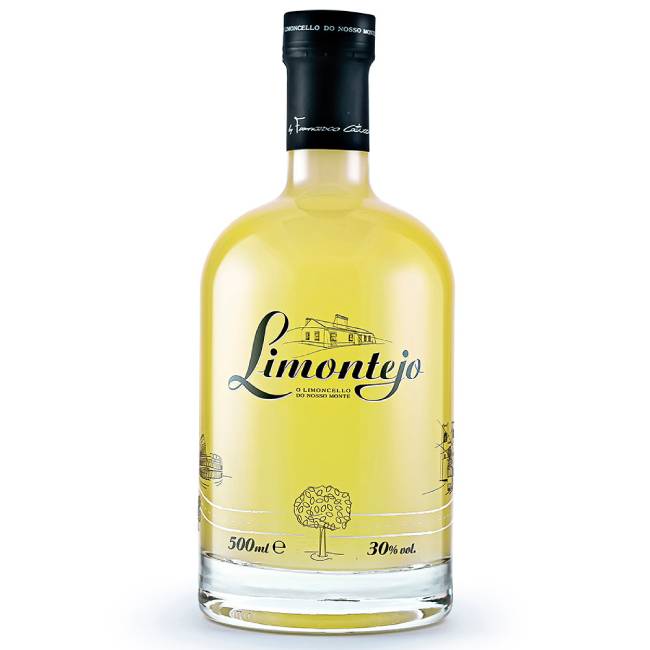 Limontejo - Limoncello Artesanal do Alentejo Garrafa de licor amarelo claro Limontejo com texto e ilustrações pretas