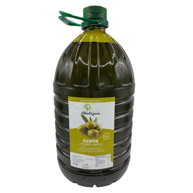 Azeite Virgem Extra Mercado Alentejano - 5L Garrafão de azeite virgem extra Alentejano 5L com rótulo amarelo e tampa verde