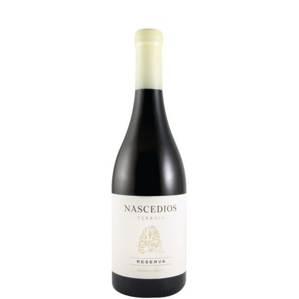 Nascedios Terroir Reserva branco 2023 Frasco de vinho tinto com rótulo branco e tampa creme