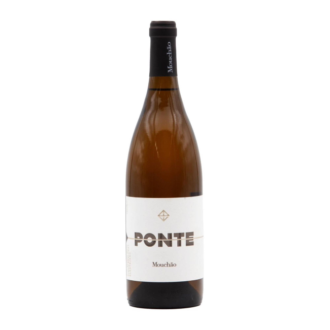 Ponte Mouchão Branco - Herdade do Mouchão Garrafas de vinho branco Ponte Mouchão com rótulo branco e rolha preta