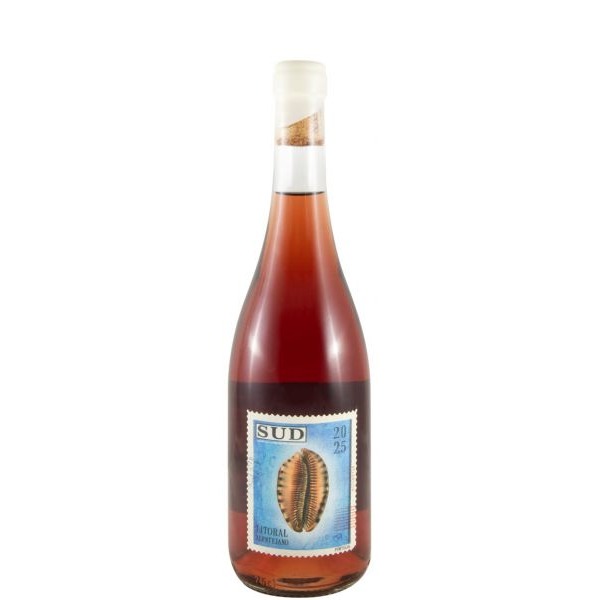 Sud Suma rosé 2025 Garrafa de vinho rosé com rótulo azul com concha e texto SUD 2025