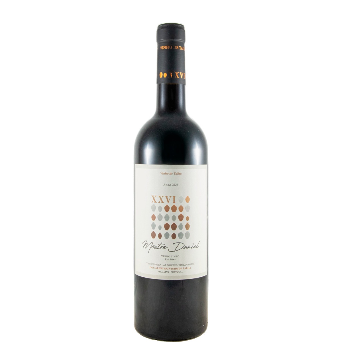 XXVI Talhas Mestre Daniel tinto 2023 Garrafa de vinho tinto Mestre Daniel XXVI com rótulo branco e design gráfico