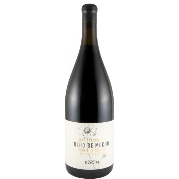Herdade do Rocim Olho de Mocho Reserva tinto 1,5L 2022 Garrafa de vinho tinto com rótulo branco com desenho de flor e texto