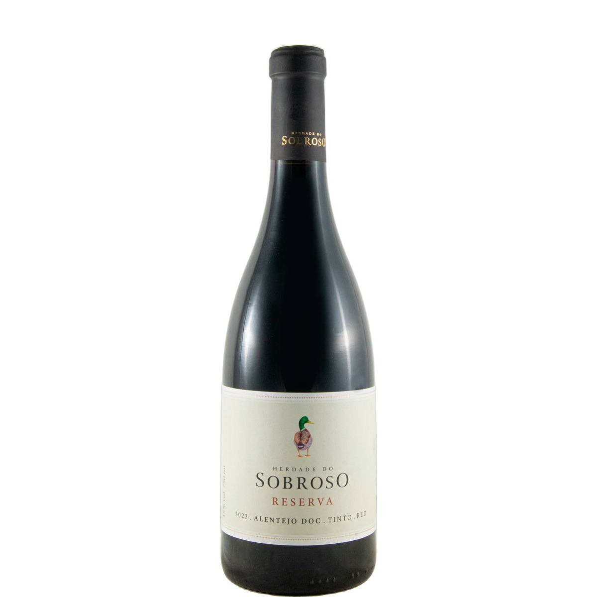 Herdade do Sobroso Reserva tinto 2023 Garrafa de vinho tinto Herdade do Sobroso Reserva 2023 com rótulo branco e imagem de pato