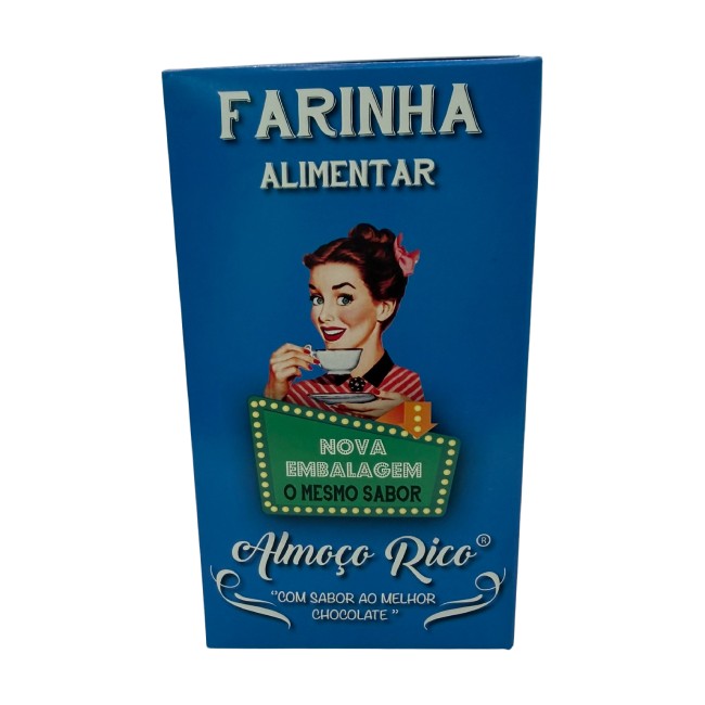 Farinha Alimentar 200g - Almoço Rico Embalagem azul de farinha alimentar com design retro e textos promocionais