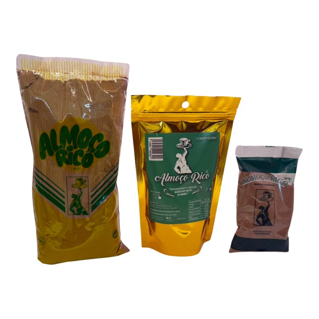 Chocolate em Pó - Almoço Rico Três embalagens de café Álmoço Rico em diferentes formatos e cores