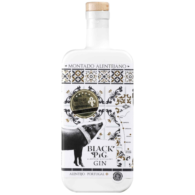 Gin Black Pig Montado Alentejano Frasco branco de Black Pig Gin com design decorativo e texto em português