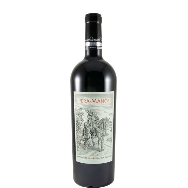 Pêra-Manca tinto 2018 Garrafa de vinho tinto Pêra-Manca 2016 com rótulo ilustrado a preto e branco